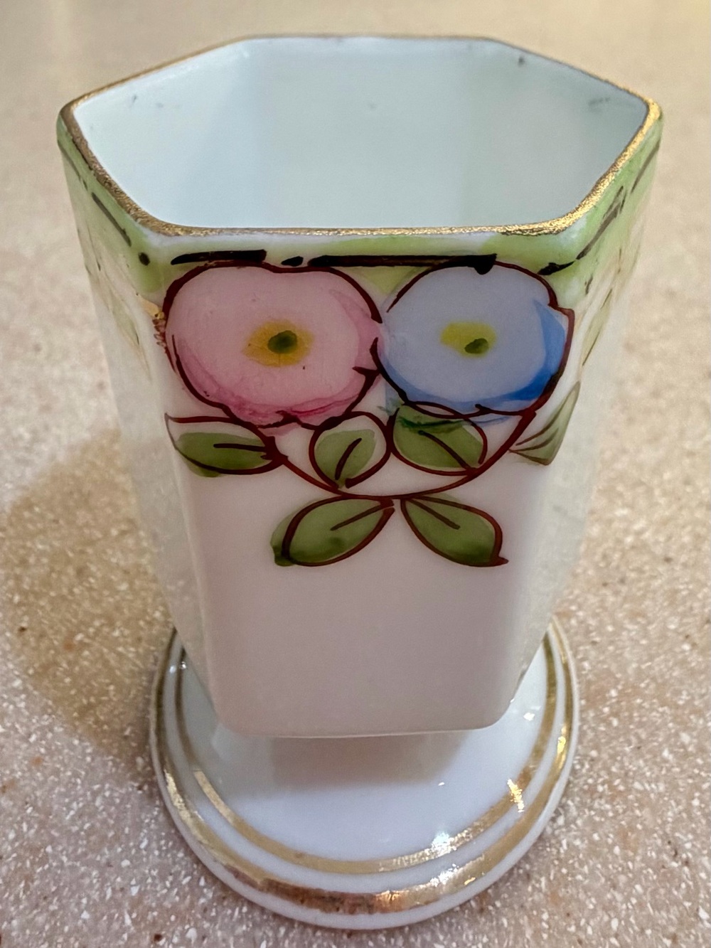 Antique Porcelain Toothpick Holder Pink Blue Green Floral Hexagon Handpainted